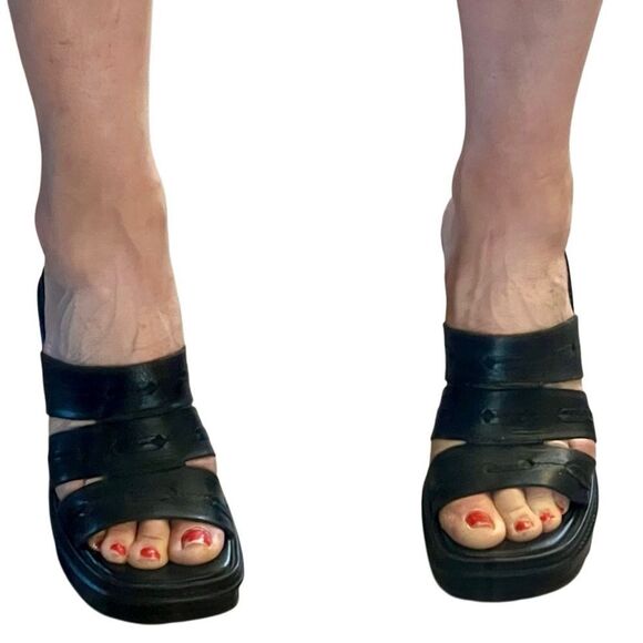 Y2K 90s Boho MIA Madden Chunky Leather Platform Slide Sandal Black Lug Sole 6.5 - Picture 16 of 16